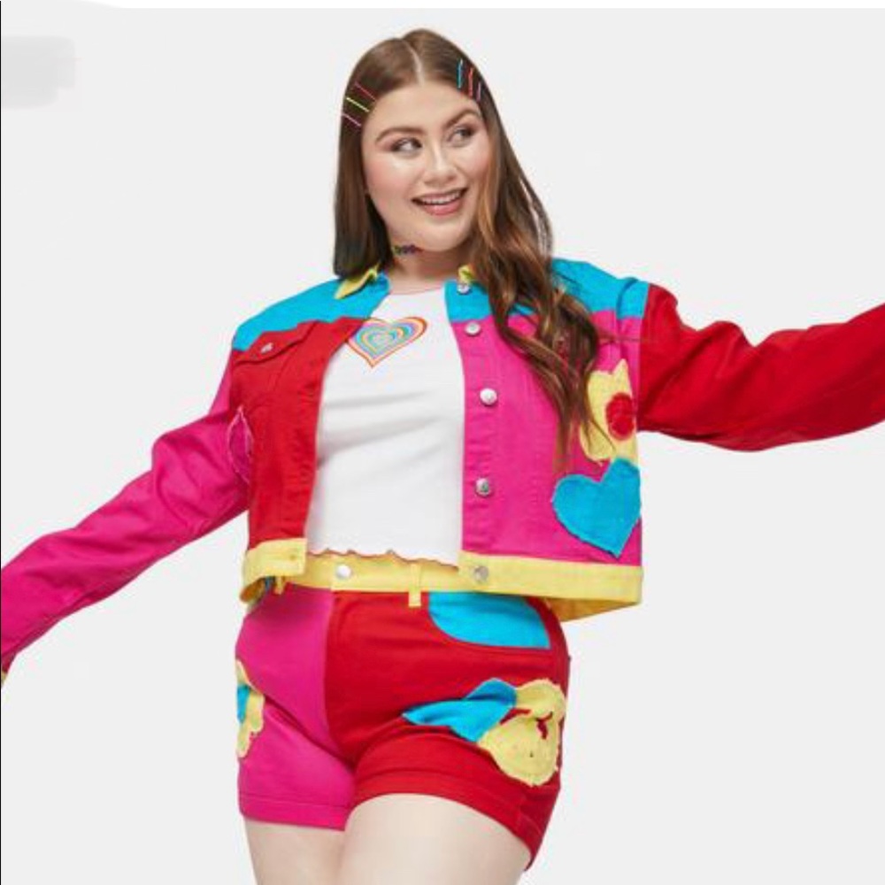 Matching Patchwork Colorful Color Block Denim Shorts and Jacket